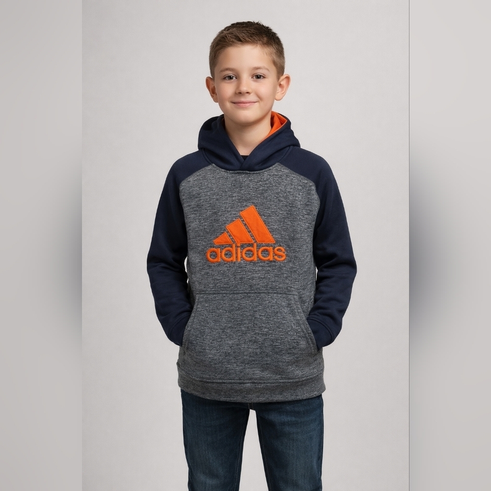 Adidas Navy & Gray Hoodie with Orange Logo Sz.YL
